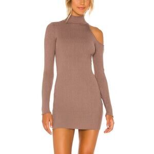 NBD Brown Bodycon Mini Sweater Dress MEDIUM Cutout Ribbed Knit Designer $138 NEW